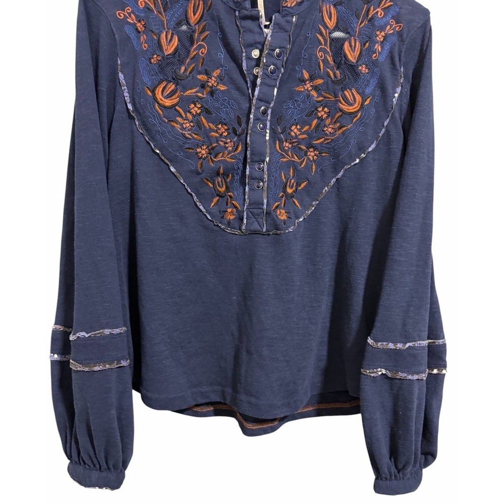 Free People Sundance Kid Embroidered Western Henley Top Navy Women's Size XS - Picture 5 of 12